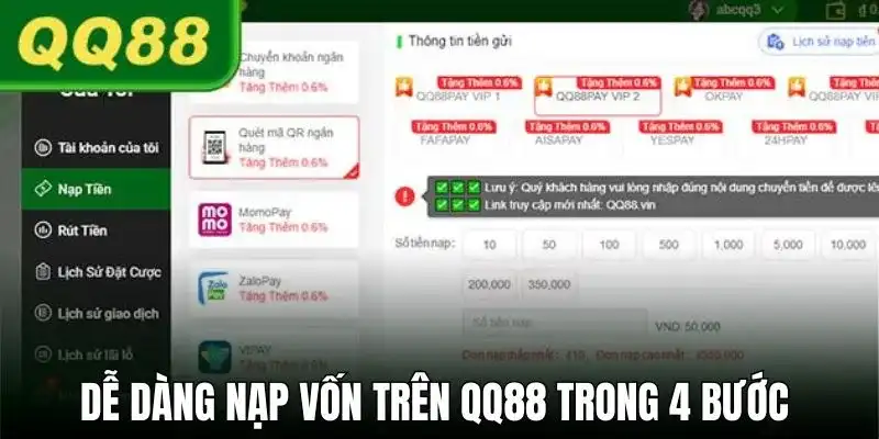 Dễ dàng nạp vốn trên QQ88 trong 4 bước nhanh - gọn - lẹ