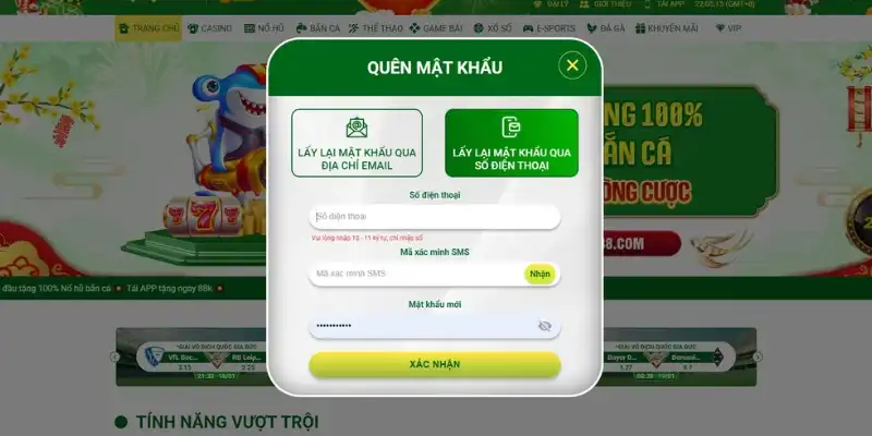 Người chơi lấy lại mật khẩu qua địa chỉ email và số điện thoại